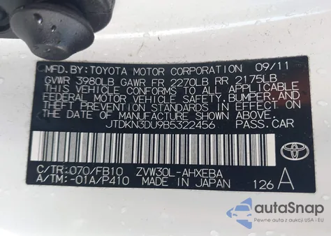 2011 Toyota Prius Two from USA, damaged, VIN JTDKN3DU9B5322456